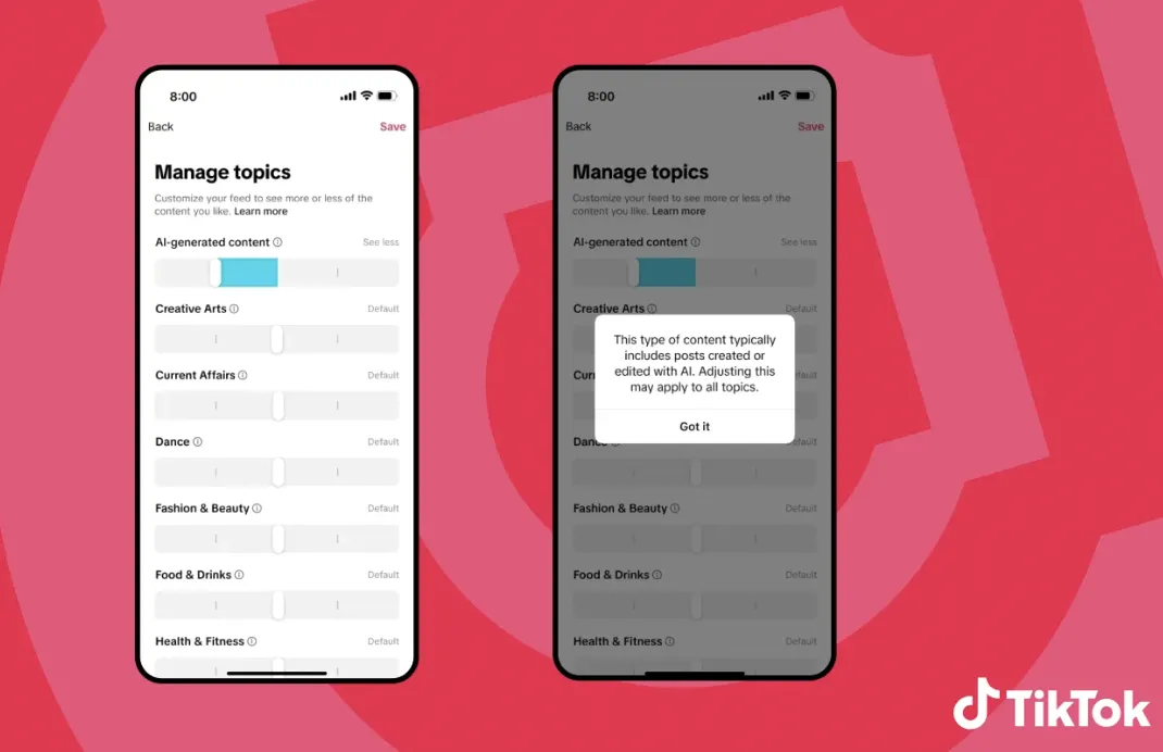TikTok新增AI内容调节和水印功能,允许用户自定义AI视频推荐量